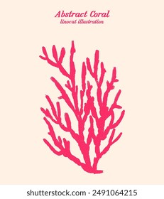 Delicate Coral Silhouette 02. Linocut Vector illustration of pink coral branch with intricate details highlighted by the printmaking technique. Symbolize beauty of underwater organism.