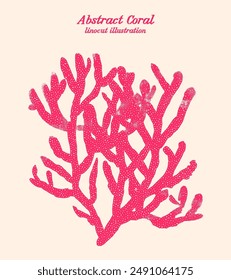 Delicate Coral Silhouette 03. Linocut Vector illustration of pink coral branch with intricate details highlighted by the printmaking technique. Symbolize beauty of underwater organism.