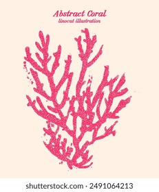 Delicate Coral Silhouette 04. Linocut Vector illustration of pink coral branch with intricate details highlighted by the printmaking technique. Symbolize beauty of underwater organism.