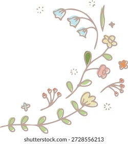 Delicado quadro de canto com lírio desenhado à mão do vale e flores coloridas da primavera em um fundo branco.