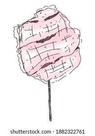 delicate cotton candy pink on a wooden stick. doodle sketch vector