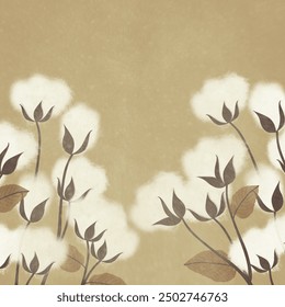 Delicate cotton plant illustration with soft, fluffy white cotton bolls and muted brown leaves against a warm beige background.