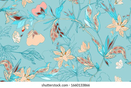 Delicate cream, beige floral ornament of branches, leaves and inflorescences on a light blue turquoise background. Seamless pattern. Vector hand-drawn illustration.
