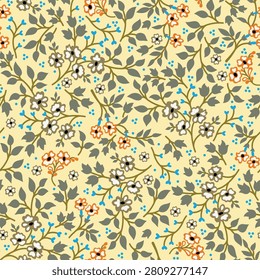 Delicate cream botanical seamless pattern with tiny flowers, leaves, and winding vines. Soft vintage floral textile print perfect for dresses, bedding, wallpaper, wrapping paper, stationery, and decorative backgrounds.