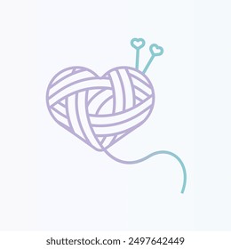 Delicate crochet heart logo with crochet needles and threads for craft brand, candy colors