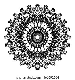 Delicate crochet lace round ornament in black. Vector