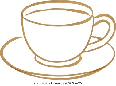 Uma xícara delicada com alça curvada apoiada em um pires renderizados em linhas finas de bronzeamento para menus e gráficos de café