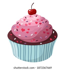 
Delicate cupcake with sweet topping, cherries on yoghurt cream. Multi-colored confiture on a dessert. Vector illustration isolated on white background. Bright baked goods.