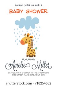 delicate customizable baby shower card template with giraffe toy, vector format