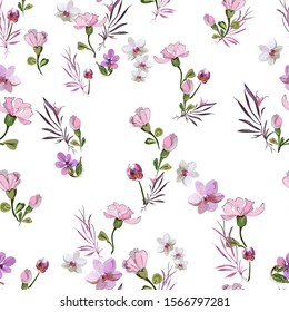 Delicate cute floral pattern with little pink flowers of orchids, violets, roses and buds on a white background. Seamless vector with botanical elements arranged randomly. For textile, wallpaper, tile