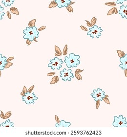 Delicate cute floral vector seamless pattern. Blue flowers on a light pink background. For fabric prints, textile products, summer clothing.