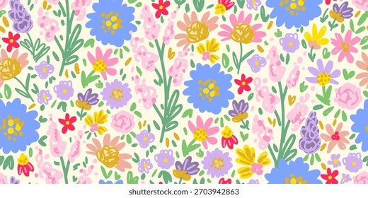 Delicado, bonito vetor floral padrão sem emenda. Flores de prado brilhantes em um fundo claro. Adequado para estampas de tecido, têxteis, roupas de verão. Primavera.