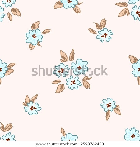 Delicate cute floral vector seamless pattern. Blue flowers on a light pink background. For fabric prints, textile products, summer clothing.