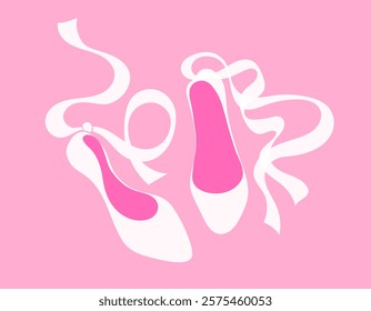 Delicate cute girly illustration of ballet shoes. Ballet coquette core. White ribbons on pink background. Print for postcard or women's children's clothing