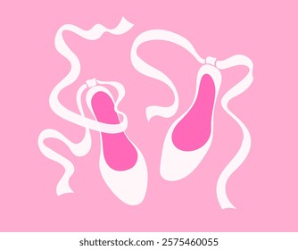 Delicate cute girly illustration of ballet shoes. Ballet coquette core. White ribbons on pink background. Print for postcard or women's children's clothing