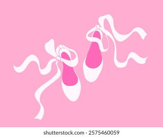 Delicate cute girly illustration of ballet shoes. Ballet coquette core. White ribbons on pink background. Print for postcard or women's children's clothing