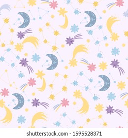 Delicate cute pattern with vector stars and moon. starry sky, background for children and babies