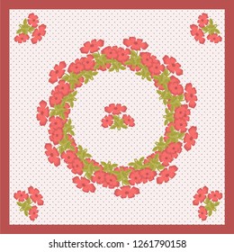 Delicate cute scarf pattern colors in trendy coral color on beige background in black polka dots.In the middle of a beautiful wreath of flowers.Vector illustration