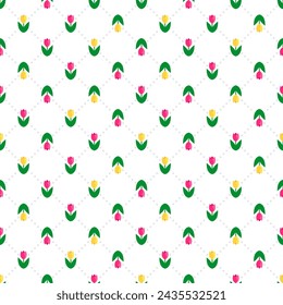 Delicado lindo patrón floral sin costuras con tulipanes rosas y amarillos sobre un fondo blanco claro con puntos. Ilustración de vector