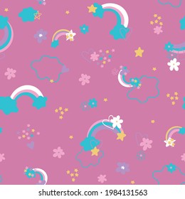 delicate cute vector children's pattern with rainbows, stars and flowers on a pink background