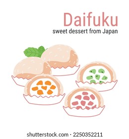 Delicate Daifuku rice cakes with different fruit fillings. Asian food. Vector illustration on a white background for restaurants, menus, decor