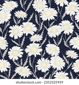 Delicate daisy print - seamless vector background. Vector seamless pattern with daisies on navy blue