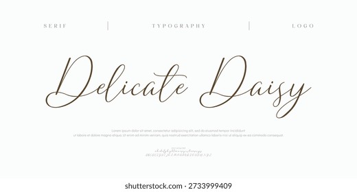Delicate Daisy, Script Elegant alphabet letters font and number. Classic Modern Serif Lettering Minimal Fashion. Typography decoration fonts for branding, wedding, invitations, logo.
