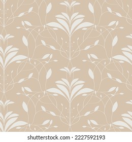 Delicate damask consisting of stylised foliage in a neutral beige and off white colour palette. Seamless repeat, ideal as background pattern or for wallpaper or other decorative purposes. 