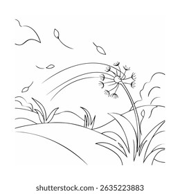 Delicate dandelion seeds blowing in the wind depicting freedom in a black and white vector drawing