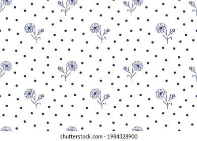 delicate dark blue flowers on a white background with polka dots vector seamless pattern
