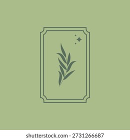 Um delicado ramo botânico verde-escuro centrado dentro de um quadro retangular minimalista em um fundo verde sábio.