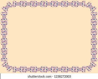 Delicate decorative floral frame with interwoven lines of Victorian style in purple hues on the mute pink background, vector as an element of design