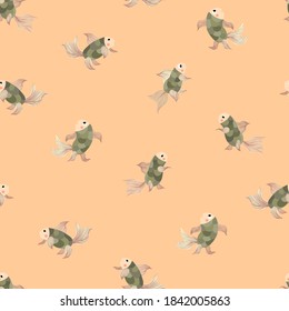 Delicate decorative seamless  pattern with  fairy fish on the peach background. Sea life magic background for dresses,textiles, wallpapers, designer paper, etc
