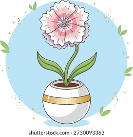 Una Ilustración vectorial delicada y decorativa de una planta de interior con flores que crece en una maceta blanca con estilo con una raya dorada.