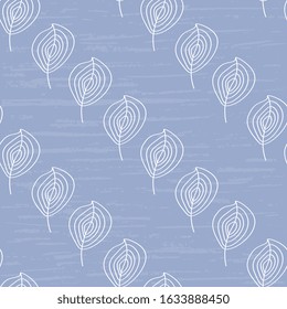 Delicate design, artistic. Pattern of white leaves on a light blue background. Vector beautiful and fashionable illustration, seamless.