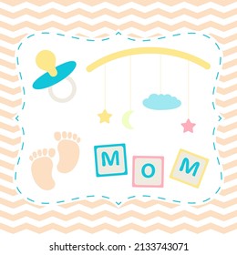 Delicate Design For Baby Shower Card. Pink Striped Background, Elegant Frame And Clipart Collection With Toys And Pacifier