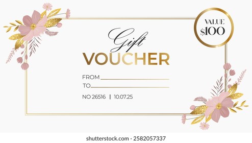 Delicate design, template for gift card, coupon. Gift voucher with golden leaves and pink flowers. Sale or flyer offer