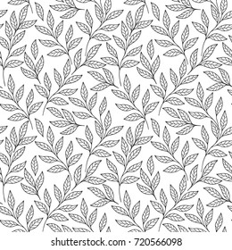Delicate design of tender branches and leaves. Black and white vector seamless pattern