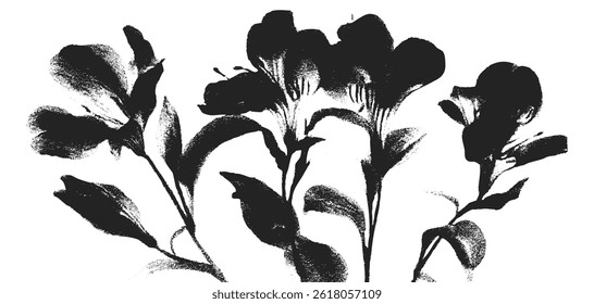 Delicate details of flower petals and leaves form a striking black and white composition. The textured overlay enhances the visual depth, showcasing nature's beauty.