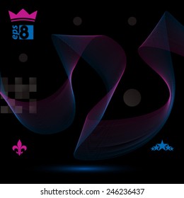 Delicate dimensional flowing stripy lines, dreamy vector abstract background with web design elements, motif dark template.