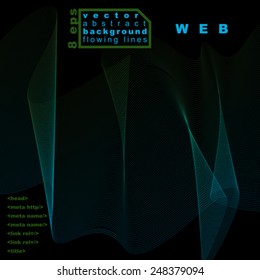Delicate dimensional flowing stripy lines, dreamy vector abstract background with web design elements, motif dark green template.