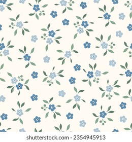 Delicate Ditsy Chintz Romantic Meadow Wildflowers Vector Seamless Pattern. Cottagecore Garden Flowers and Foliage Print. Homestead Bouquet. Farmhouse Background