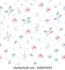 Delicate ditsy floral pattern. Seamless vector design with light blue and pink flowers on white background. Print for fabric, bedding, wallpaper.