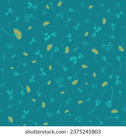 Delicate Ditsy Floral Vector Pattern with Calendula Silhouettes in Subtle Tones on a Warm Teal Background, Ideal for Adding Floral Elegance to Textiles and Stationery.