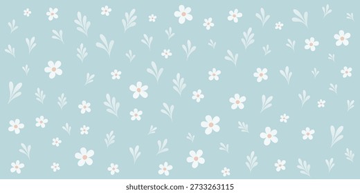 Zarter, distanzierter Druck mit kleinen Wildblumen und botanischen Elementen. Vintage-inspiriertes Design, perfekt für Sommertextilien, Packpapier, elegante Tapeten und Dekoration.