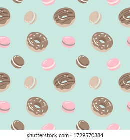 Delicate donuts and macarons seamless pattern. Beige and pastel mint colors. Coffee break party element. Great for restaurant, shop, fabric print, cover, tag, wrapping, background for your projects