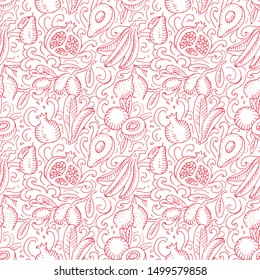 Delicate doodle seamless pattern. Pink wavy outline lacy texture. Hand drawing Fruits. Fabric print. Vector illustration.