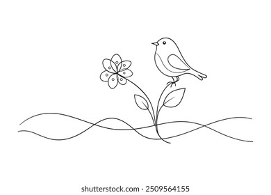 A delicate drawing featuring a vibrant flower alongside a graceful bird, showcasing nature's beauty and harmony One line continuous line art vector illustration on white background
