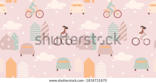 \
Delicate drawing, modern city\
life, a girl on a bicycle, a car, buildings. Travel, healthy\
lifestyle. Seamless pattern, on a pink background. Stylish\
illustration.