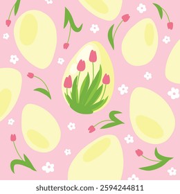 A delicate Easter background featuring creamy eggs and vibrant tulips on a soft pink backdrop. Perfect for greeting cards, gift wrap, digital designs, and festive decorations.